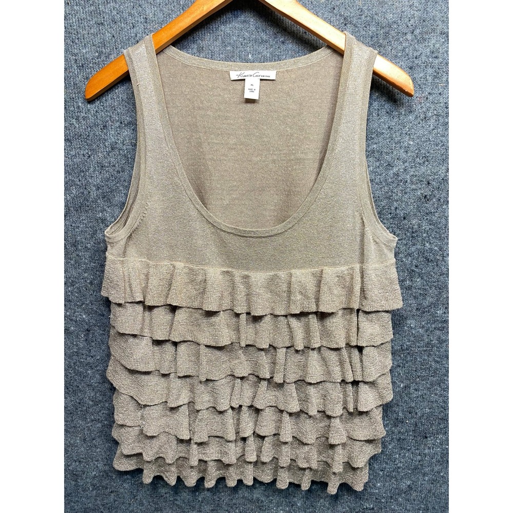 Kenneth Cole New York Gold Metallic Silk Blend Tiered Ruffle Tank Top XL